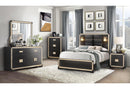 BLAKE BLACK/GOLD QUEEN BED WITH LAMPS, DRESSER, MIRROR, NIGHTSTAND